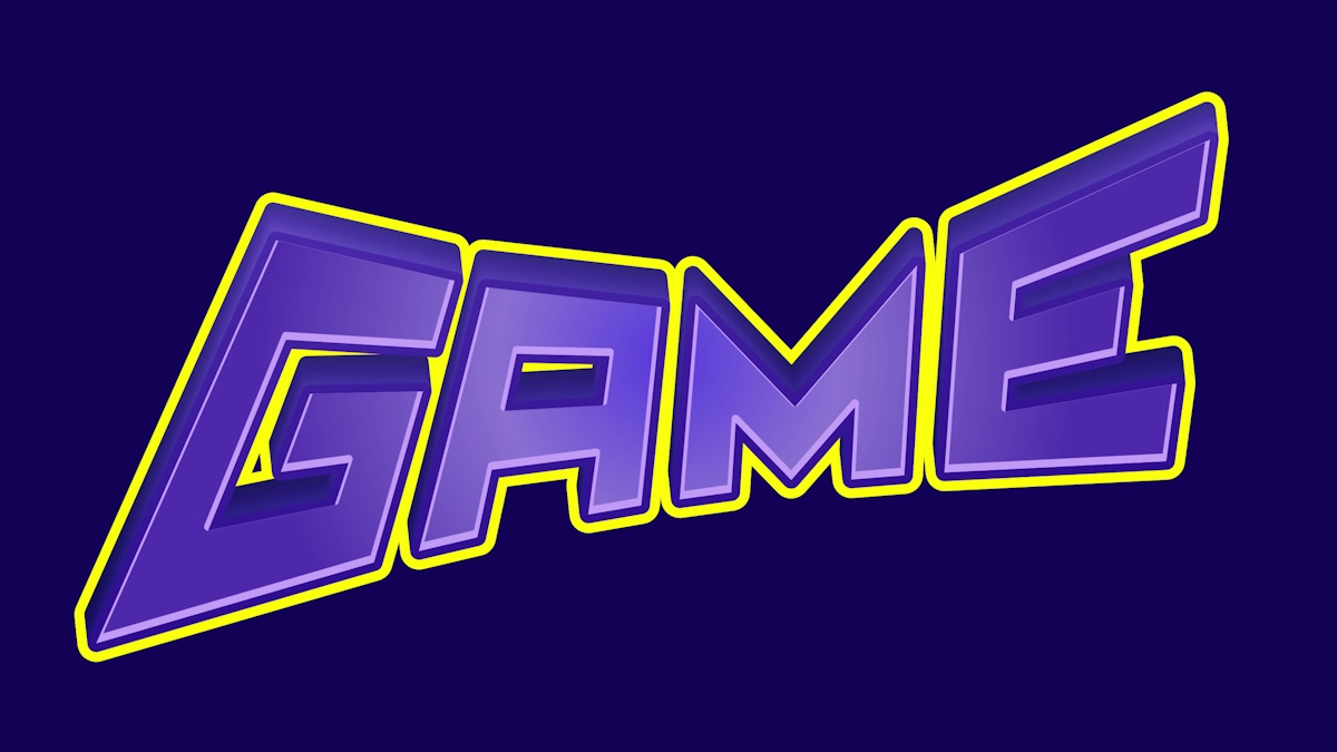 Dynamischer violetter 3D-Text im Spiel-Stil mit gelber Umrandung