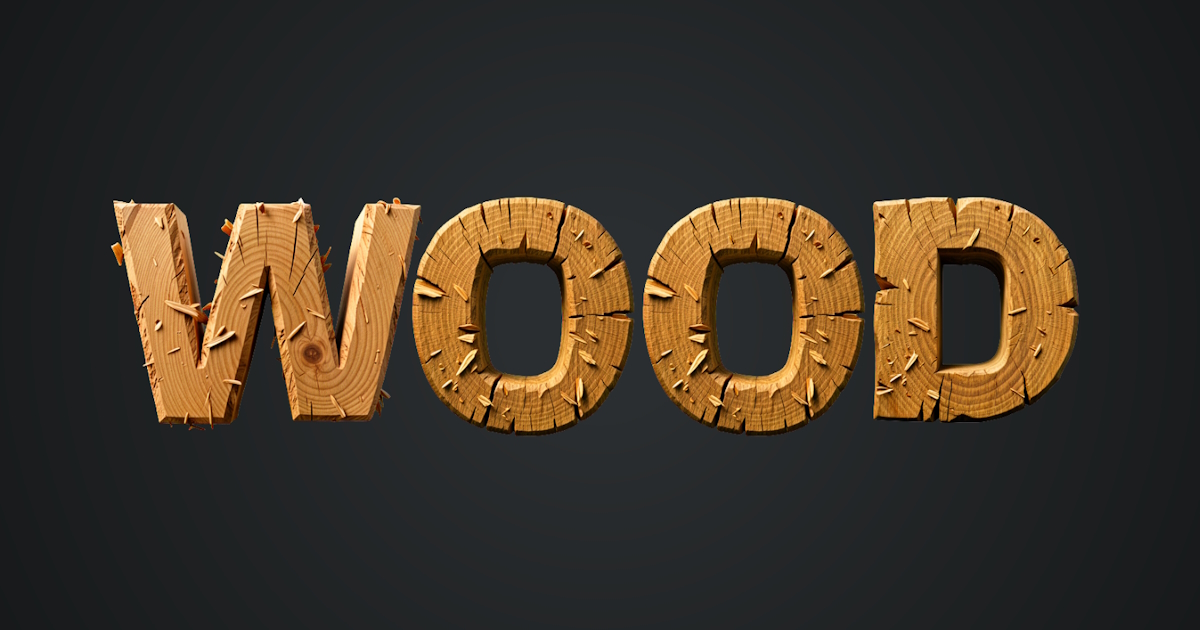 Holztext: Beispiel für die Erstellung eines 3D-Fonts aus Holz mit Querschnitt und Splittern