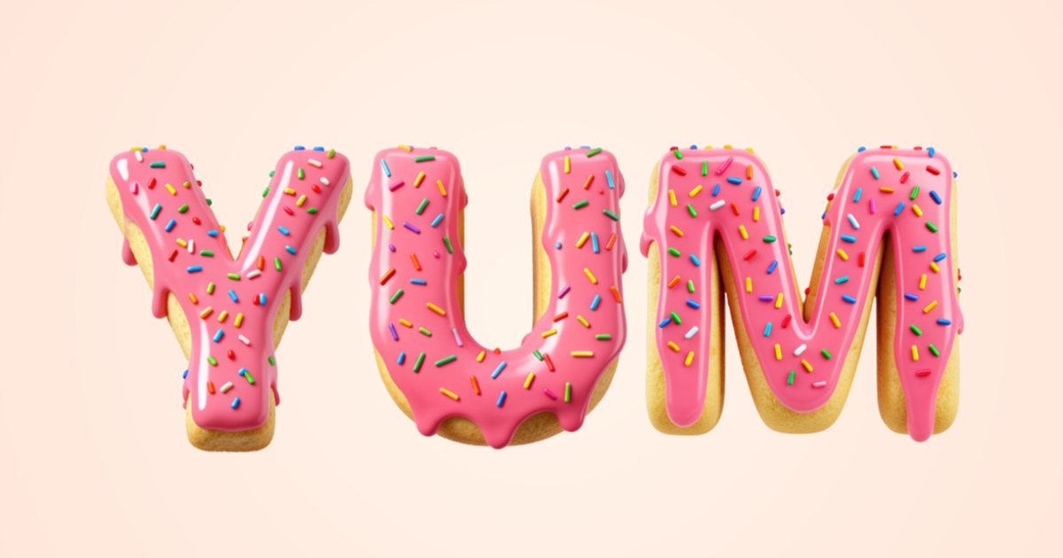 Süßer Schrifttyp: Beispiel für die Generierung von 3D-Text aus Donuts mit Glasuren und Bestreifung