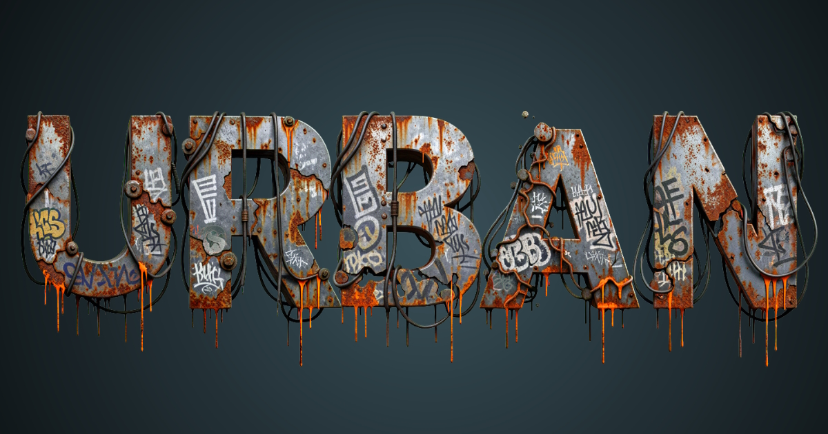 Urbaner Text: Beispiel für die Generierung von Grunge-Schrift aus rostigem Metall mit Graffiti