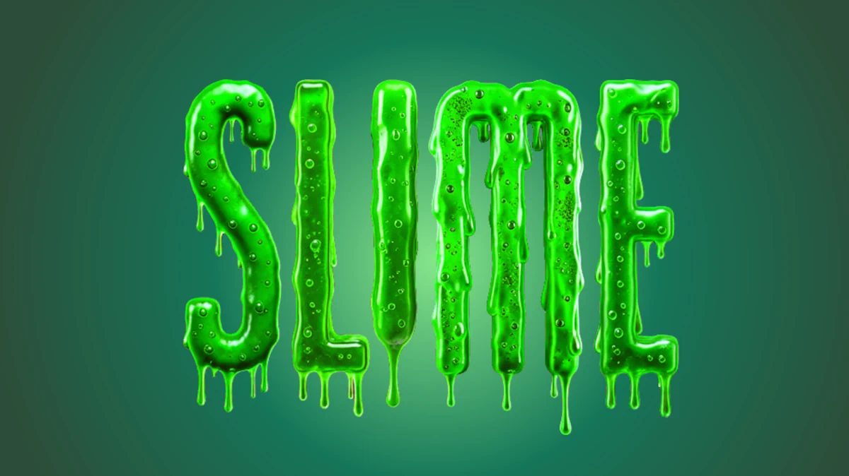3D-Text aus hellem grünen Schleim mit Blasen und Schleimspuren