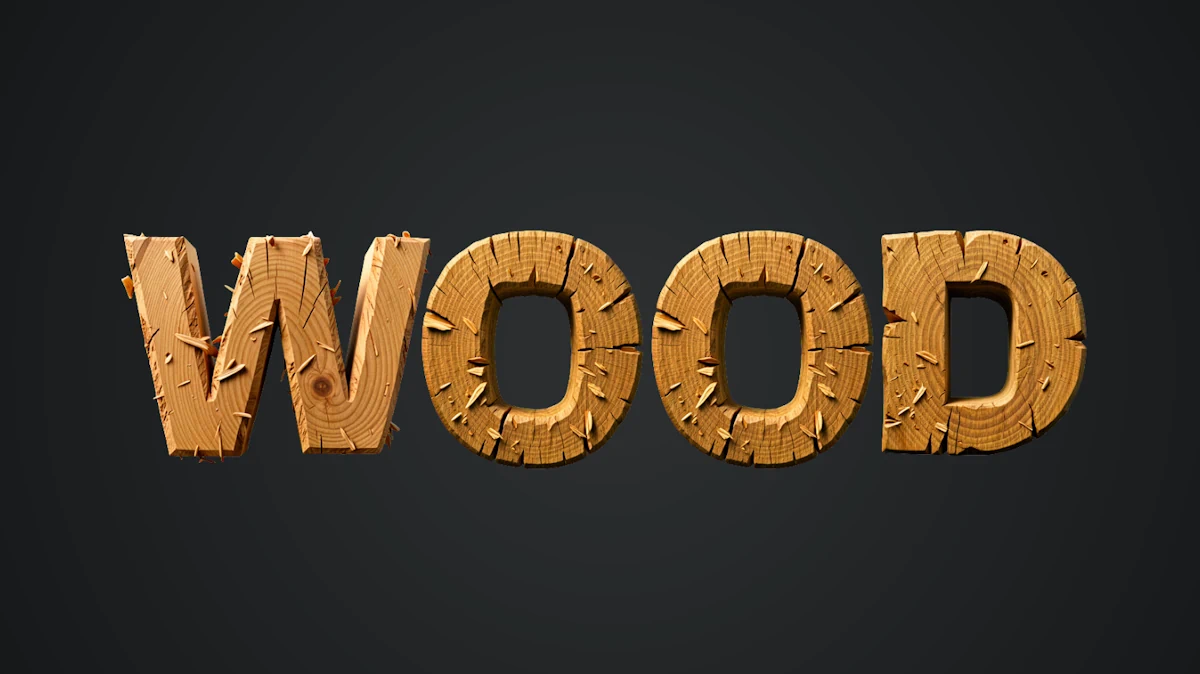 Realistischer Holz-3D-Text mit Struktur von Sägen und Spänen