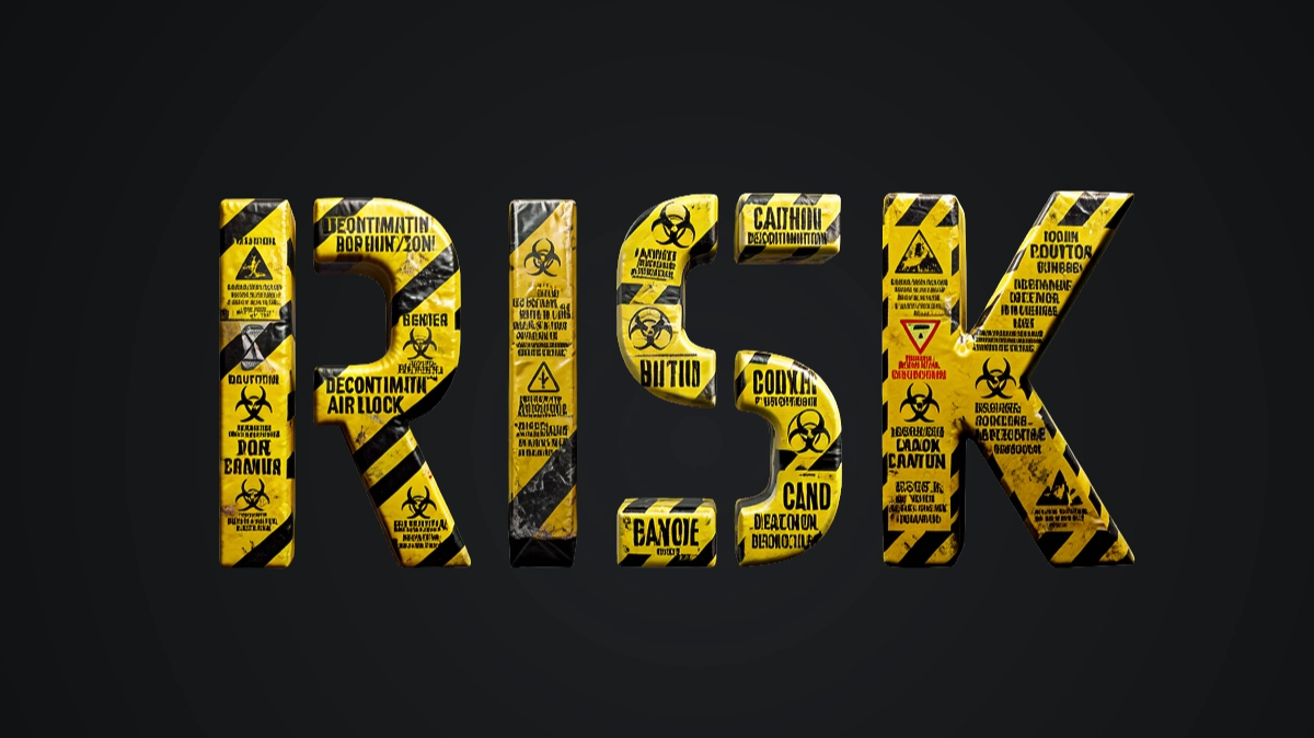 Industrieller 3D-Text mit gelb-schwarzem Warnband und Bio-Hazard-Schildern