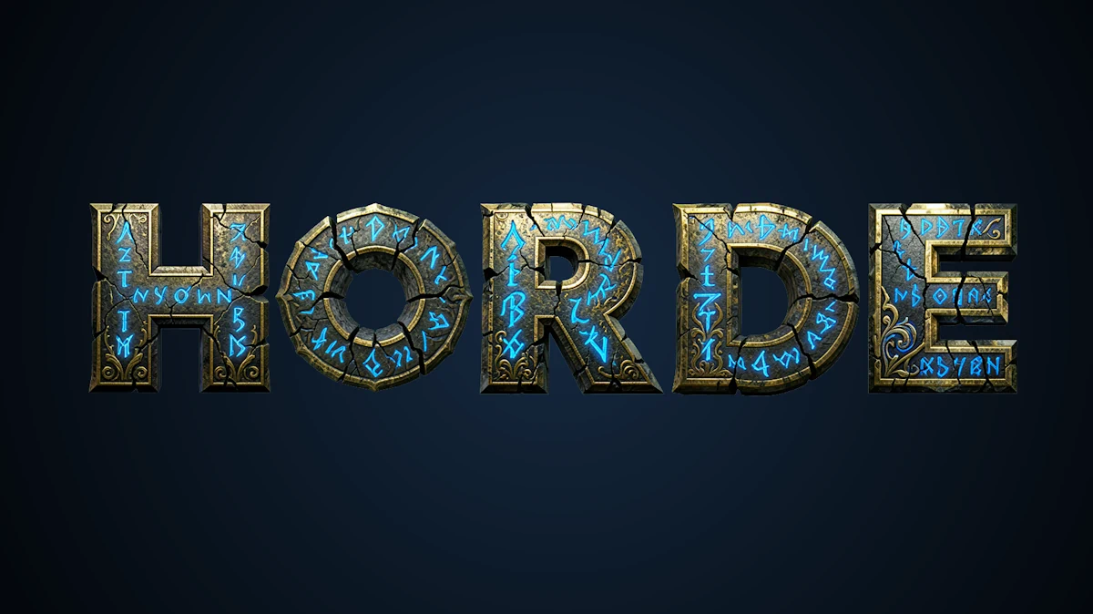 Epischer 3D-Text aus altem Stein mit leuchtenden blauen magischen Runen