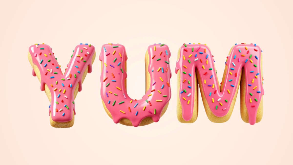 Leckerer 3D-Text in Form von Donuts mit rosa Glasur und farbiger Streuung