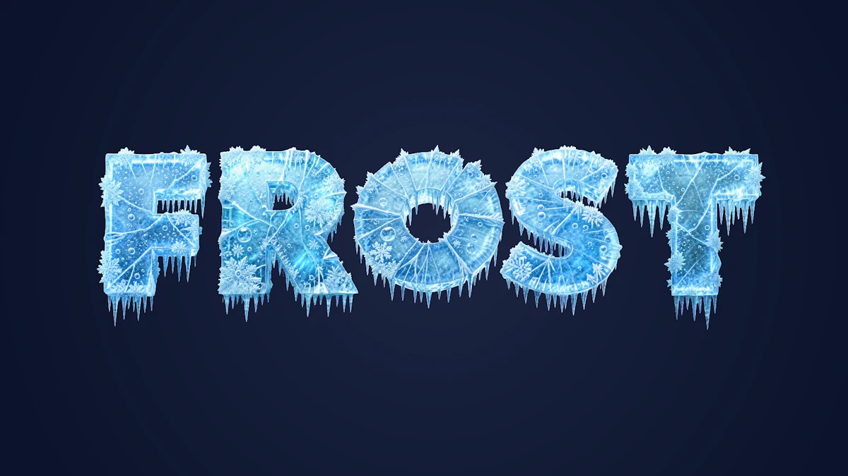 Eisiger 3D-Text mit Rissen, Schneefall und hängenden Eiszapfen
