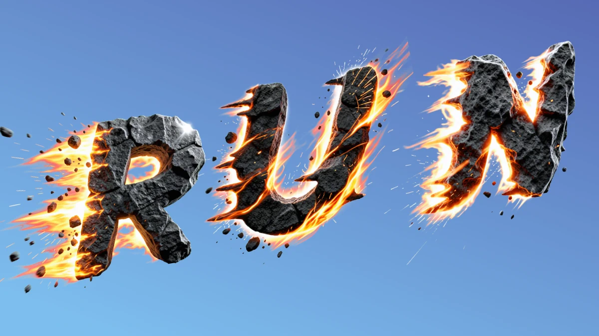 Dynamischer 3D-Text in Form eines fliegenden Meteoriten mit Feuerwind und Funken