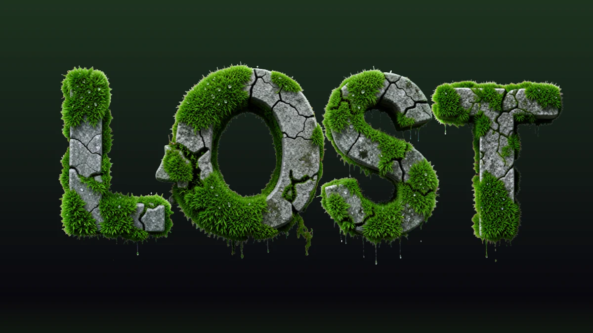 Körperlicher 3D-Text aus Splitt, übersät mit grünem Moos