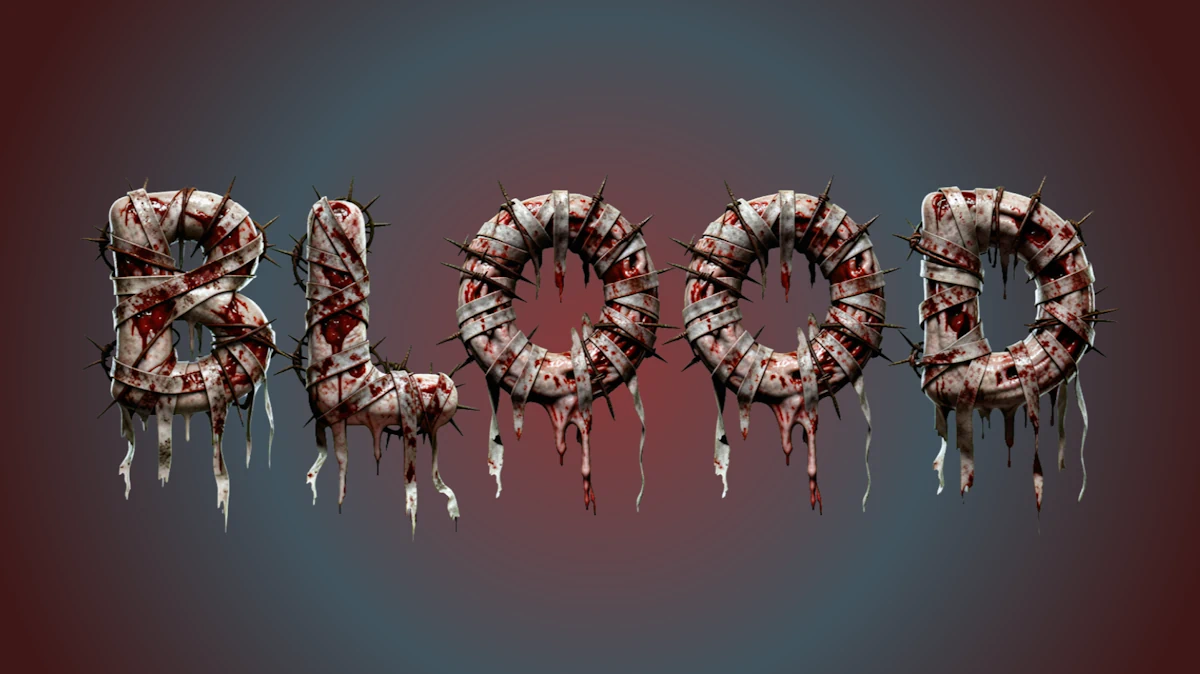 Gruseliger blutiger 3D-Text aus Fleisch in Bändern mit Stacheldraht