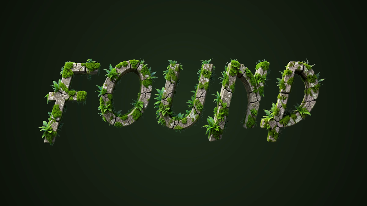Körperlicher 3D-Text aus hellem Stein, übersät mit Moos und Farn