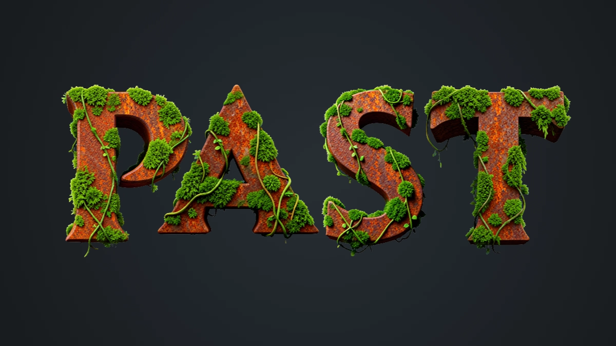 3D-Text aus rostem Metall, übersät mit grünem Moos und Reben