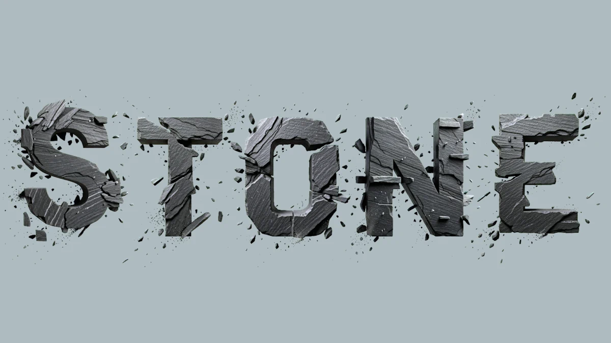 Zerfallender 3D-Text aus Stein mit abbrechenden Scherben und Rissen