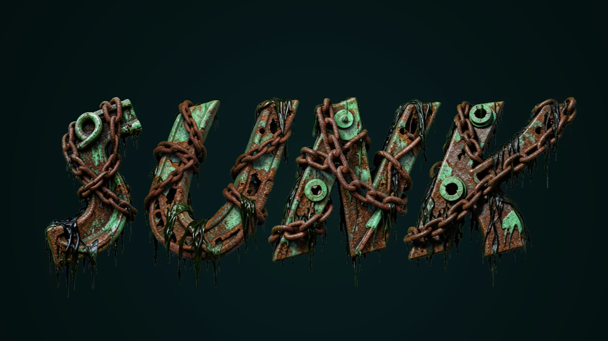 3D-Text aus rostem Metall mit Ketten und Seegras