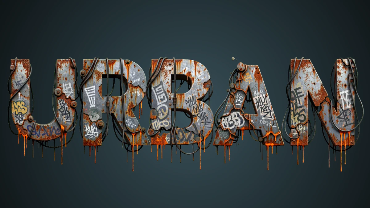 Körperlicher 3D-Text im Urban-Stil: rostiges Metall mit Graffiti, Kabeln und Spuren